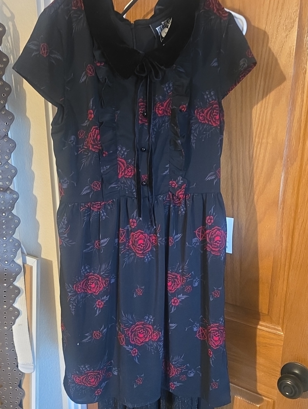 Killstar Black Midi Dress with Red Rose Print and Velvet Bow Collar